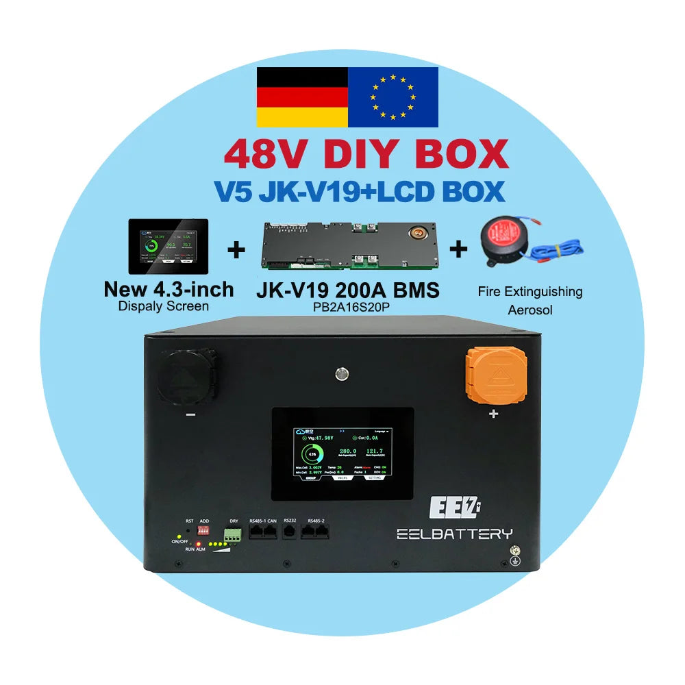 EU STOCK 48V 16S JK-V19 V4/V5 DIY Battery Box Built-in 200A BMS Inverter 2A Active Balance Standing Wheels EU Shipping