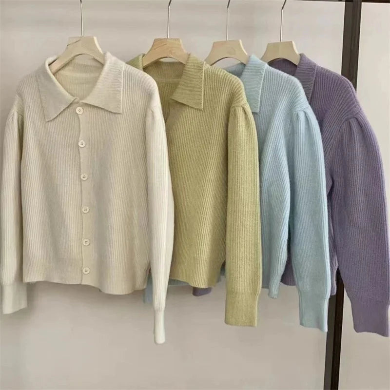 Cis Women's Custom Logo Winter Cardigan Knitted Casual Single Breasted Jacket with Turn-Down Collar Sweater Style