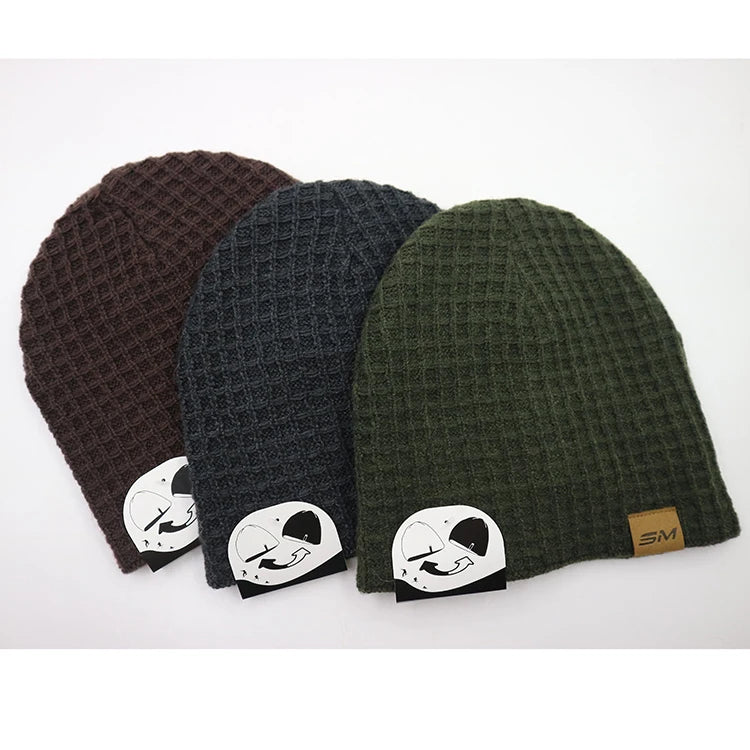 Private Label Reversible Two Side Acrylic Wool Blended Waffle Jacquard Knit Winter Beanie Hat Skull Toque With Custom Hang Tag