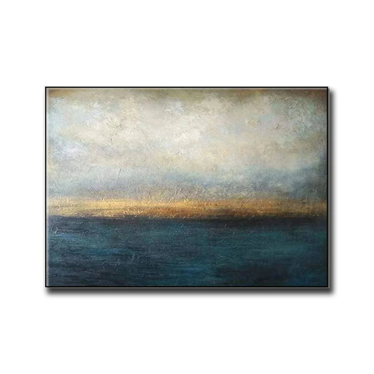 Abstract Oil Painting Wall Art Decor Blue Gray Gold White and Navy Ocean Painting Handmade Artwork Sunset and Waterscape