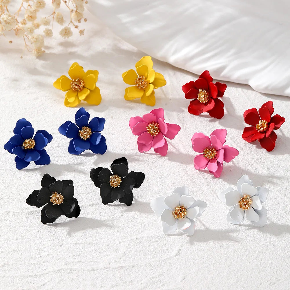 Small Fresh Idyllic Flower Earrings Metal Frosted Texture Colorful Flower Temperament Stud Earrings Jewelry