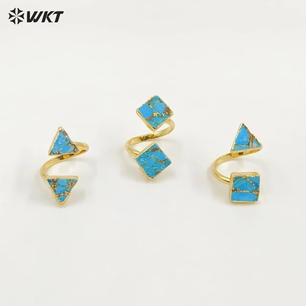 WT-R394 WKT 2022 Luxury Women's Jewelry 18k Real Gold Plated  Copper Turquoise Stone for Lady Ring Gems Double Stone Ring