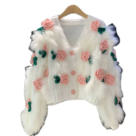 Autumn/Winter New Gentle Soft Glutinous Sweater Embroidered 3D Rose Knitted Cardigan Top for Women