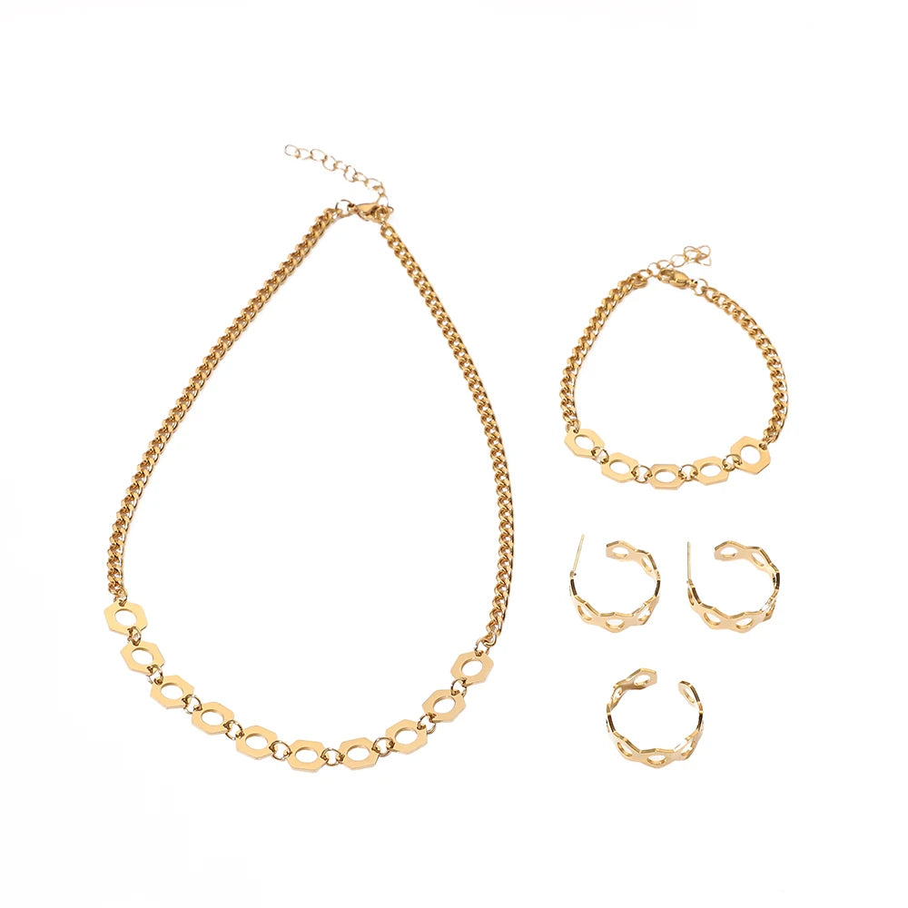 Gold Plated Necklace Fashion Stainless Steel Bee Hole Costume Jewelry Necklace Earring Sets Wholesale
