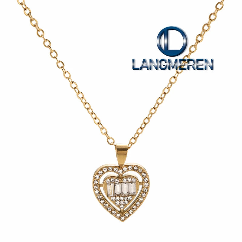 European American Fashion Stainless Steel 18K Gold Heart-Shaped Water Drop Square Teardrop Waterproof Pendant Necklace for Women