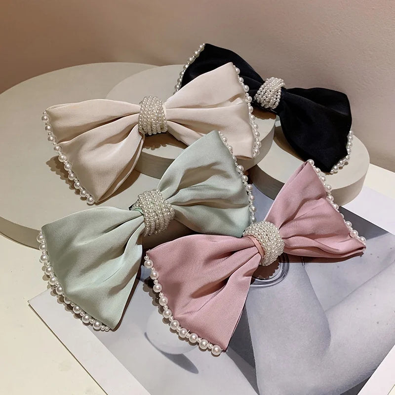 Sweet Senior Sense Beads Trimmed Satin Bow Elegant French Barrette Hairpin