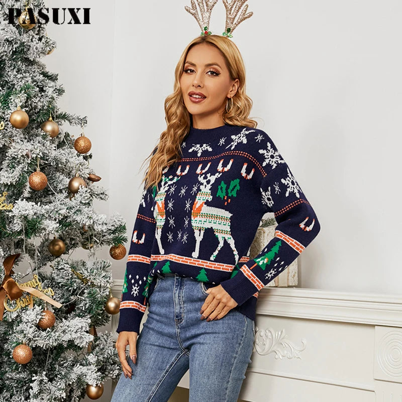 PASUXI Custom Womens Christmas Reindee Knitted Holiday Sweater Crewneck Long Sleeve Knitwear Casual Pullover Top