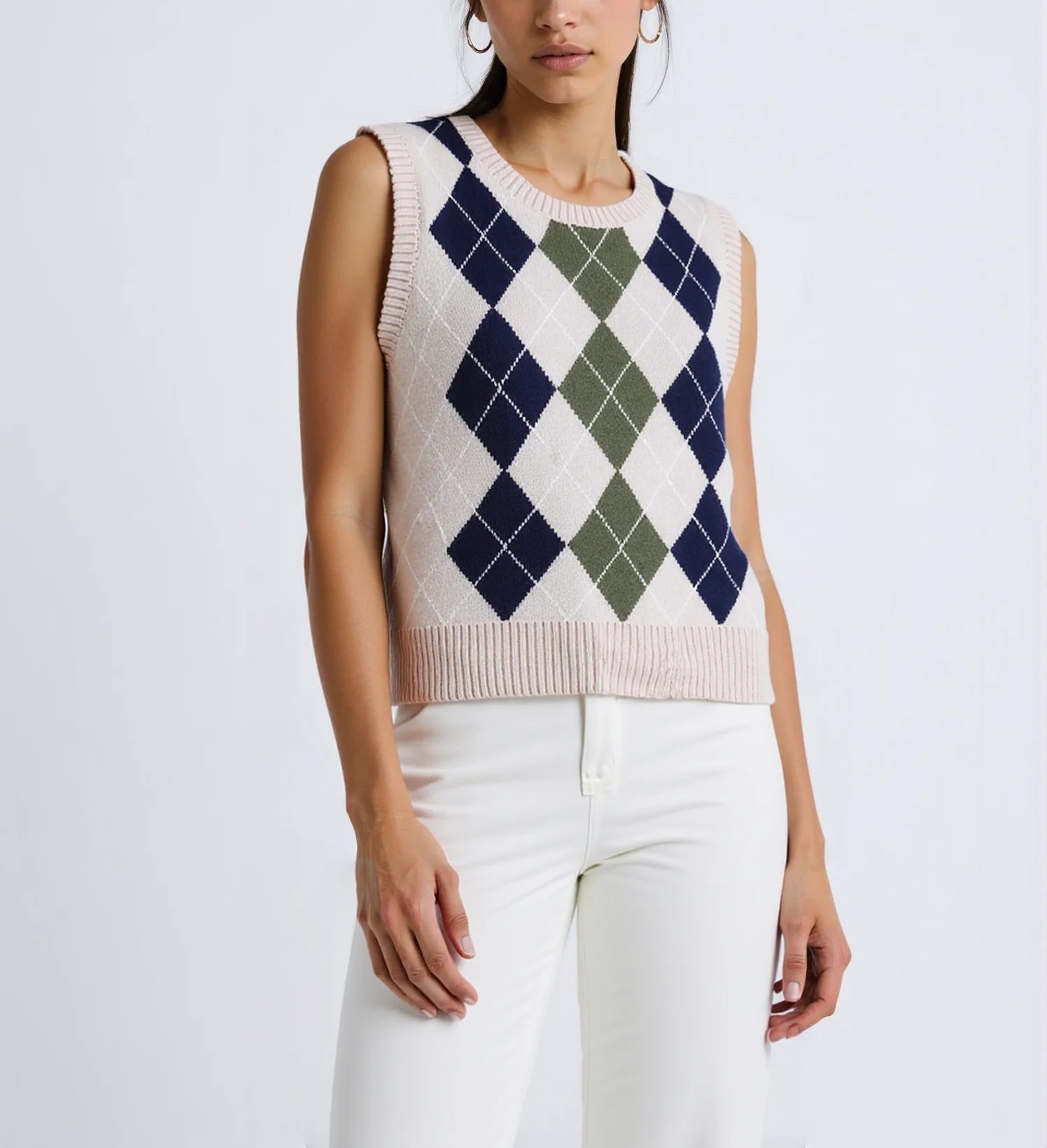 Custom Logo Cotton Crew Neck Long Autumn Casual Knit Argyle Pattern Women's Tanktop Jacquard Sweater