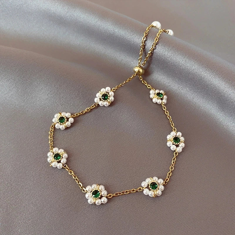 SC Hot Selling Gold Plated Chain Bracelet Fashion Korean Natural Bracelet Emerald Pearl Flower Bracelet for Women