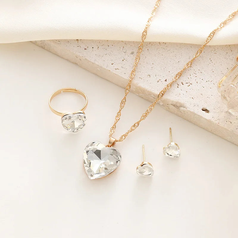 Cross-border New love Set Earrings Female Personality Creative Rhinestone Ring Heart Pendant Chain Jewelry