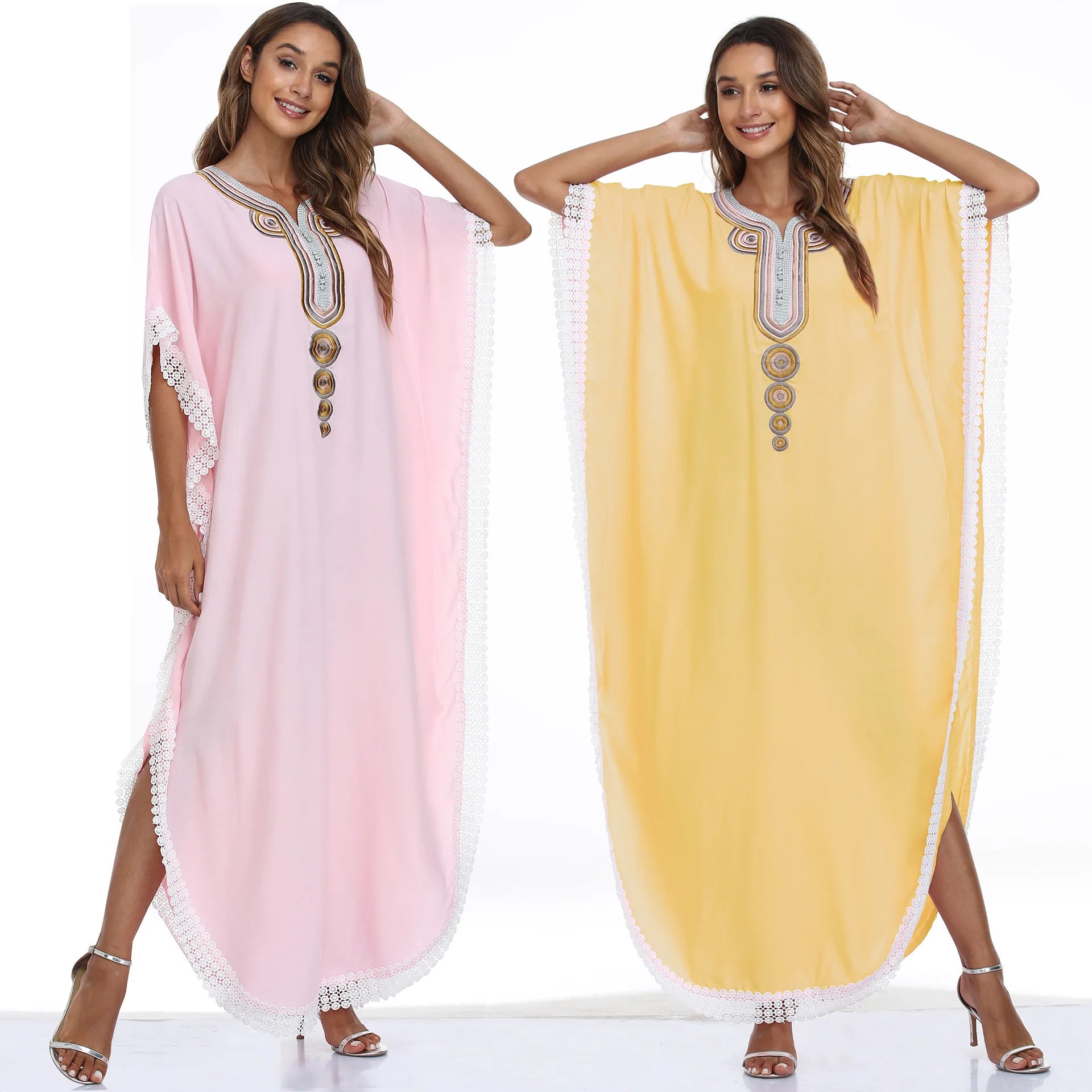 Lace Embroidery Yellow Rayon Breathable Traditional Wear Short Sleeves Islamic Muslim Clothing Full Length for Abaya Prayer
