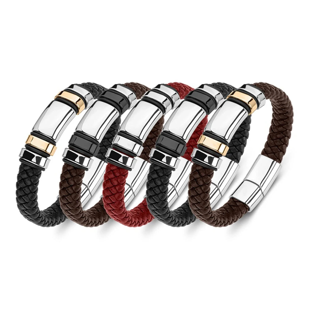 Luxury Black Retro Wrap Stainless Steel Leather Bracelet for Men Bangles with Sproty Chain Link Male Fashion Charm