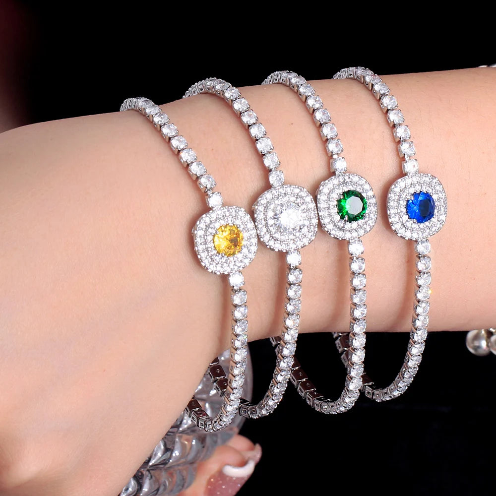 Shiny Top Square Green Blue Cubic Zirconia CZ Crystal Tennis Chain Link Women Party Engagement Bracelets Jewelry Gift