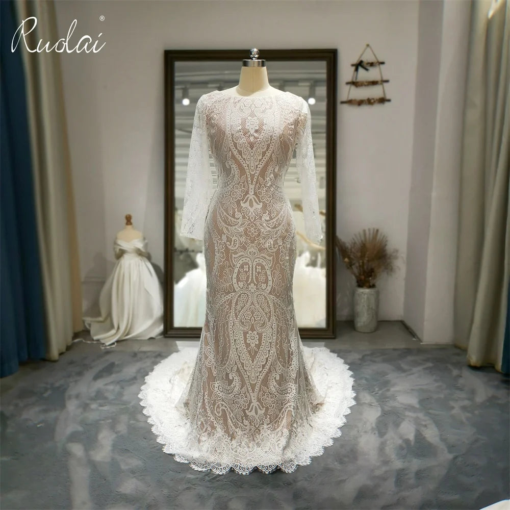 Ruolai QW01059 Elegant Long Sleeve O Neckline Wedding Dress Lace Appliqued Mermaid Bride Gowns Wedding Dress