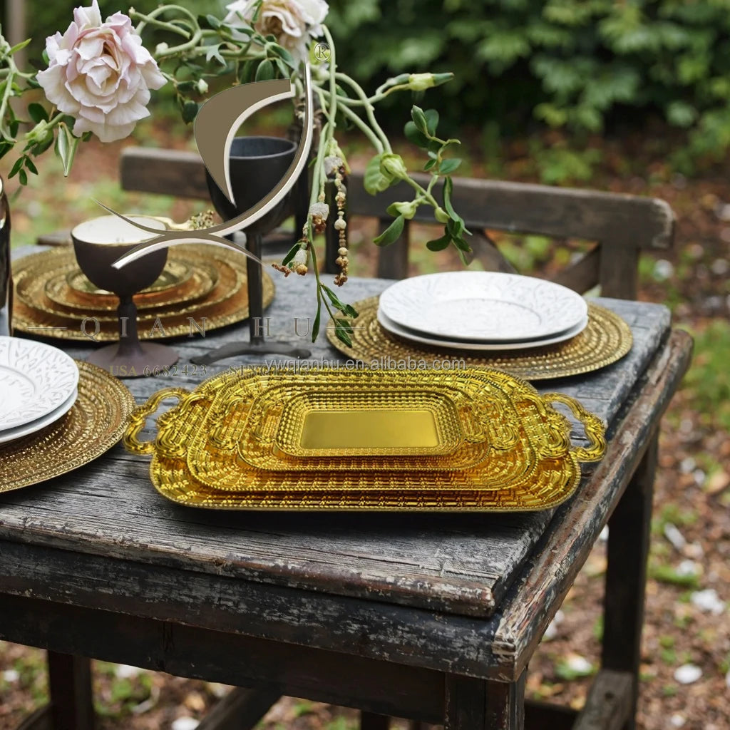 2025 Qian Hu Factory's Luxury Rectangular Serving Tray Shiny Polished Metal Square Hot Sale Home Hotel KTV SPA Serving Dishes