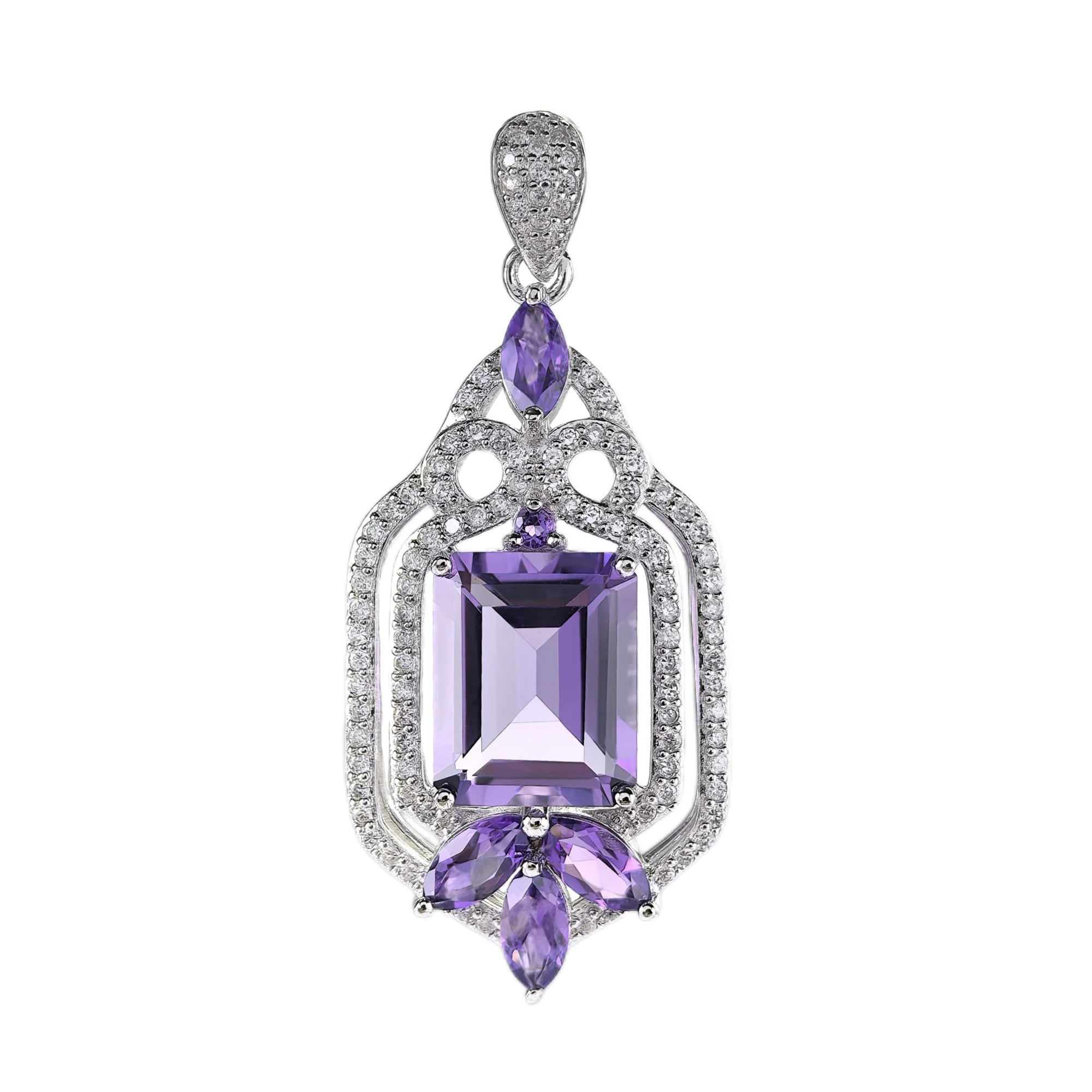 Delicate Rhodium Plated 925 Silver Pendant with Emerald Cut Natural Amethyst Fine Pendants & Charms for Women