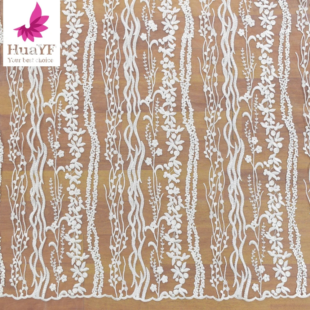 Elegant Classic White Sequins Line Flower Embroidery Lace French Embroidery Fabric HY1358