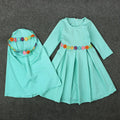 Middle East Ramadan Girls Long Sleeve Solid Dress + Hijab 2 Piece Muslim Kids Outfit
