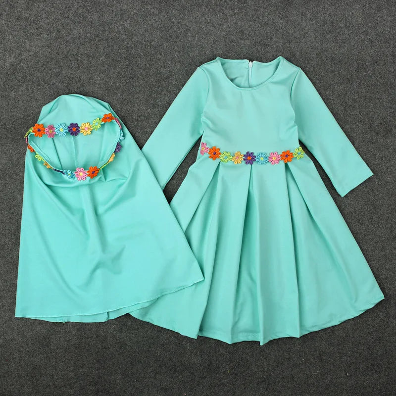 Middle East Ramadan Girls Long Sleeve Solid Dress + Hijab 2 Piece Muslim Kids Outfit