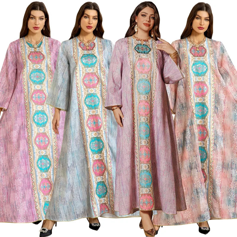 AB426 Women's Summer Pullover Dress Muslim Fashion Robe Printed Beaded and Embroidered Abaya