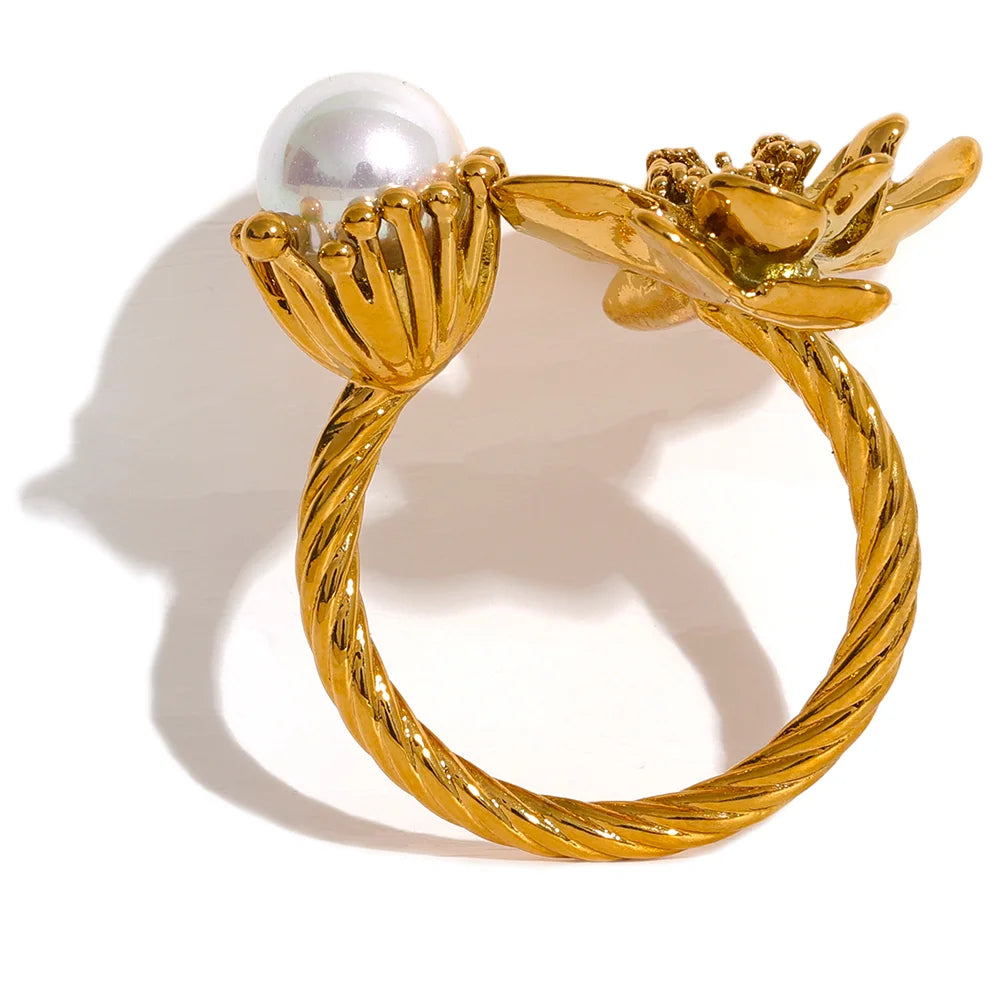 JINYOU 1235 Stainless Steel Fashion Charm Flower Ring for Women Personality Statement Finger Gold Color Waterproof Jewelry