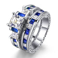 Hot Selling Personality Blue Silver Matching Couple Ring Luxury Double Row Ring Zircon Wedding Rings for Woman