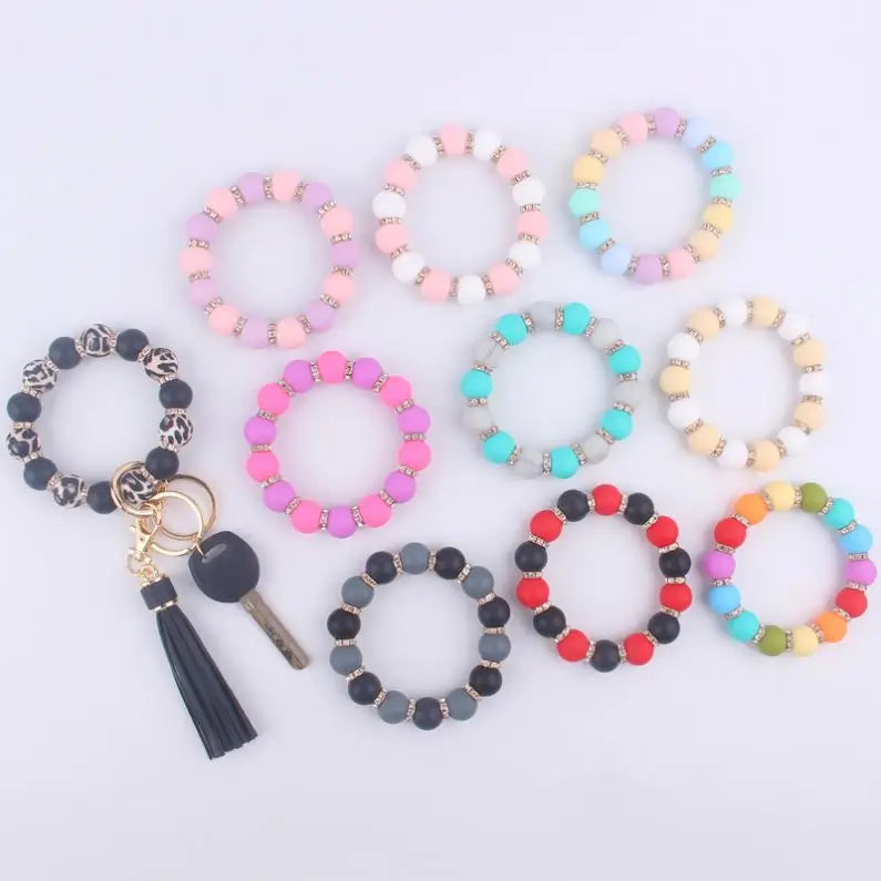 Silicone Bead Key Chains Elastic Bangle Bracelet Keychain Leather Tassel Key Ring Wrist Strap Jewelry Silicone Wristlet Keychain