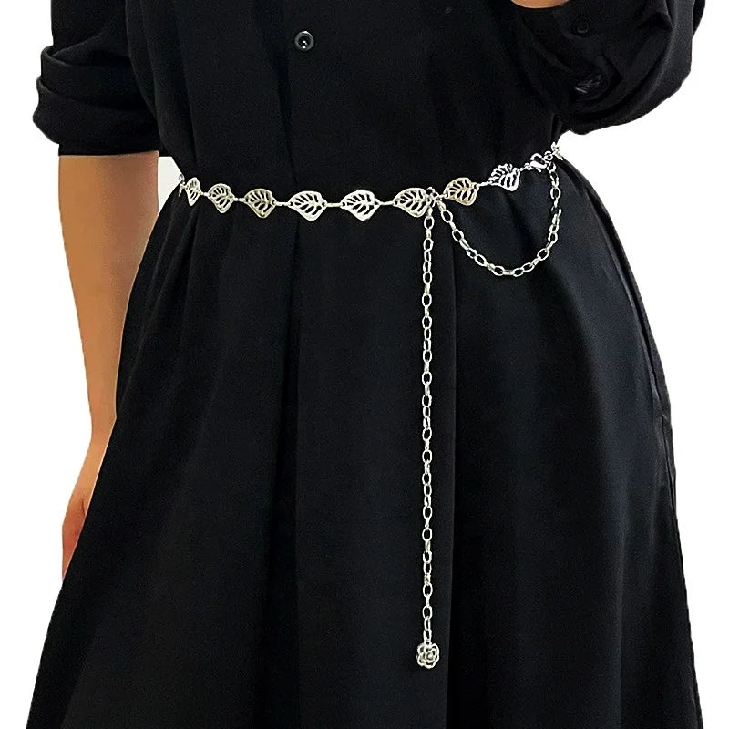 Fashionable Soft Leather Alloy Metal Belt Accessories Waist Chain with Hollow Leaf Design