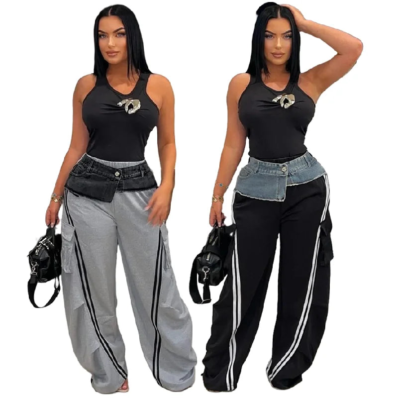 LD2258 Best-Selling Outdoor Pants Women Trousers Denim Patchwork Elastic Waistband Stripe Loose Straight Jogging Pants for Women