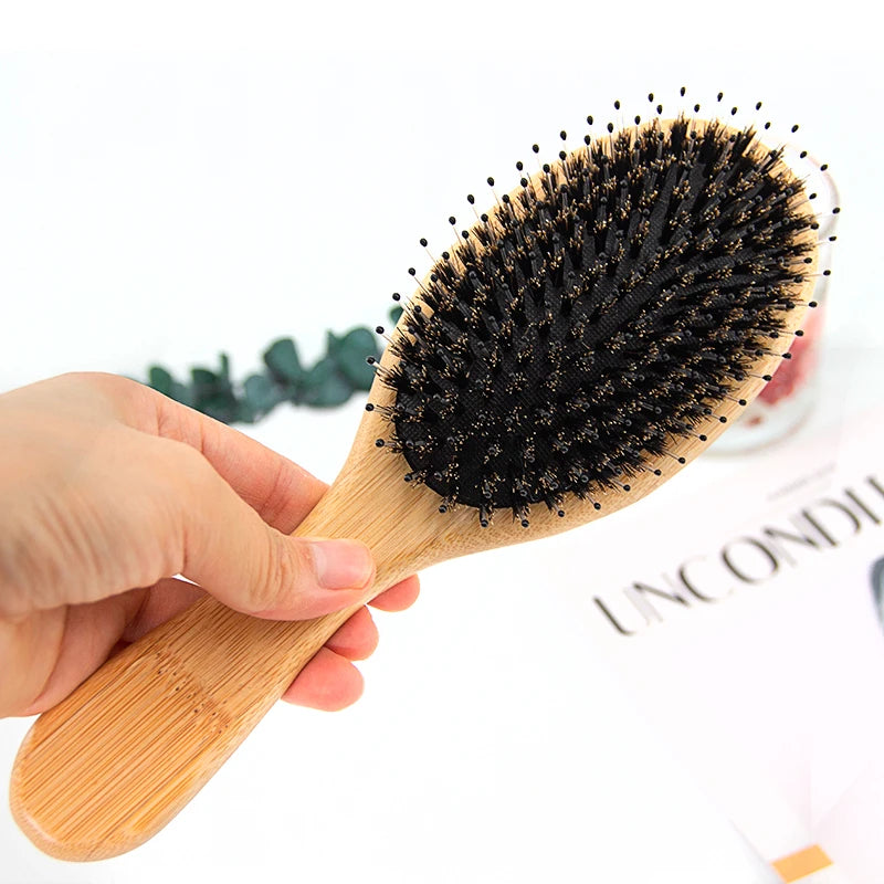 Custom Logo Natural Bamboo Bristle Scalp Massage Hairbrush Detangling Acetate Air Bag Bamboo Hair Brush for Men and Women
