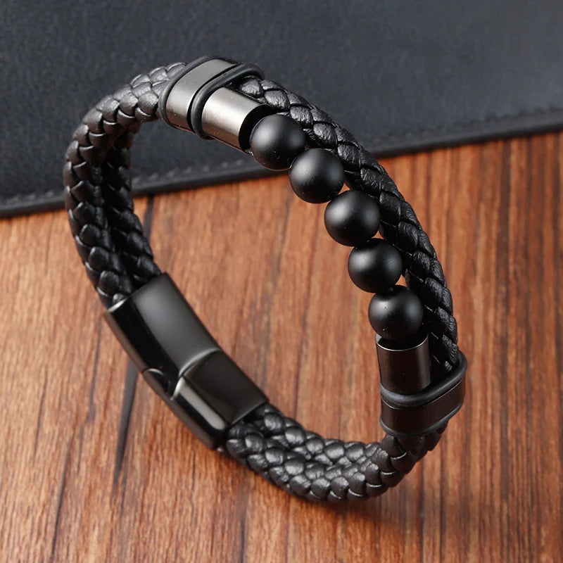 Vintage Volcanic Stone Beaded Bracelet Multi Layer Fashion Gift Beaded Bracelet Hand-woven Men's Cowhide Leather Bracelet