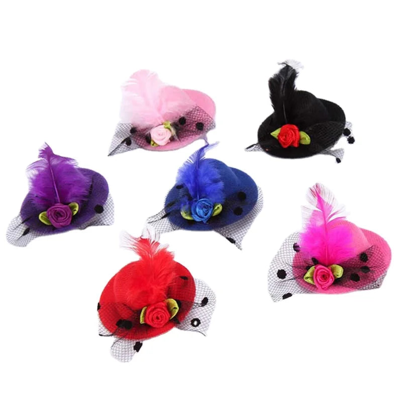 Hot Sale Cute Hat Barrettes Girls Party Prom Shiny Hair Clip Yarn Feathered Flower Performance Hair Accessories Children Hairpin