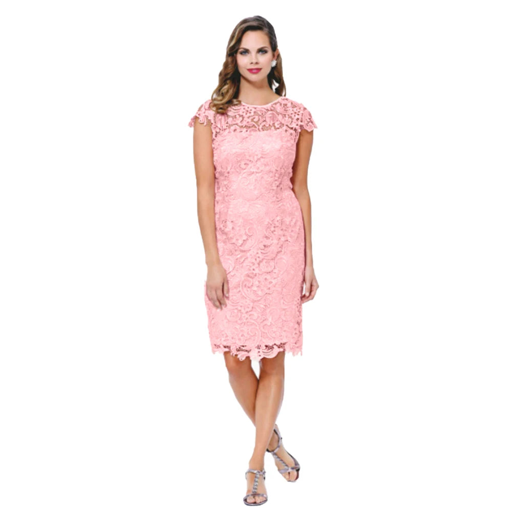 Women Vestido Hollow Out Pink Solid Flowers Round Neck Embroidered Dress Short Sleeve Custom Elegant Midi Lace Casual Dress