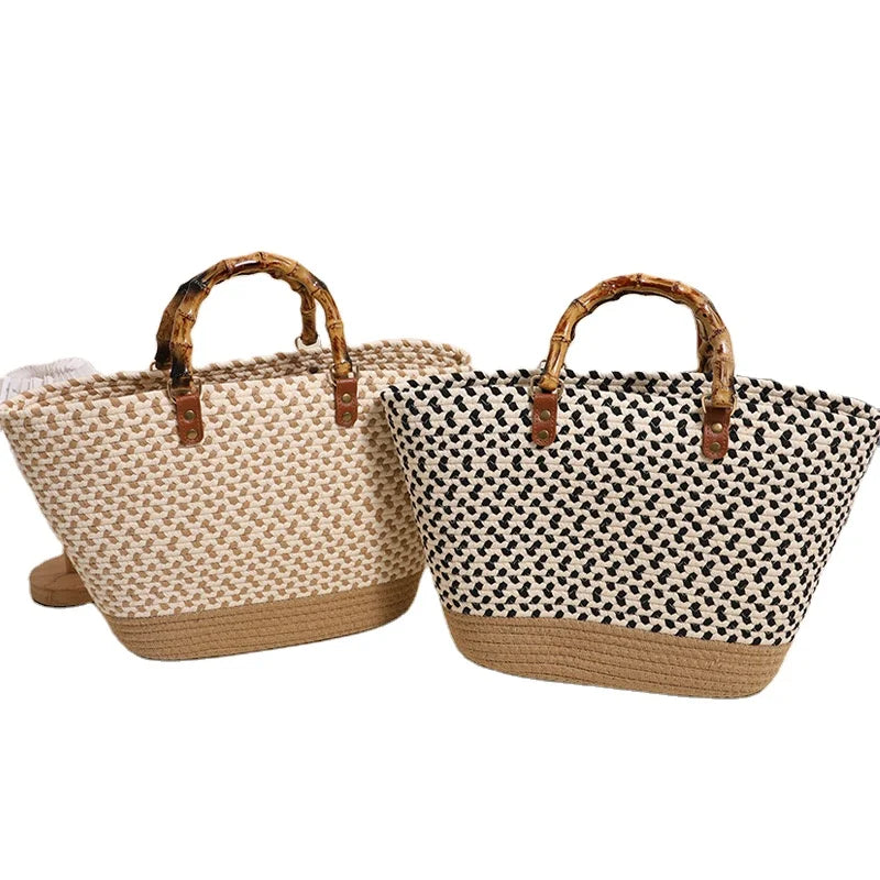 Large Capacity Hand Held Cotton Woven Straw Basket Bag Temperament Women Beach Straw Basket