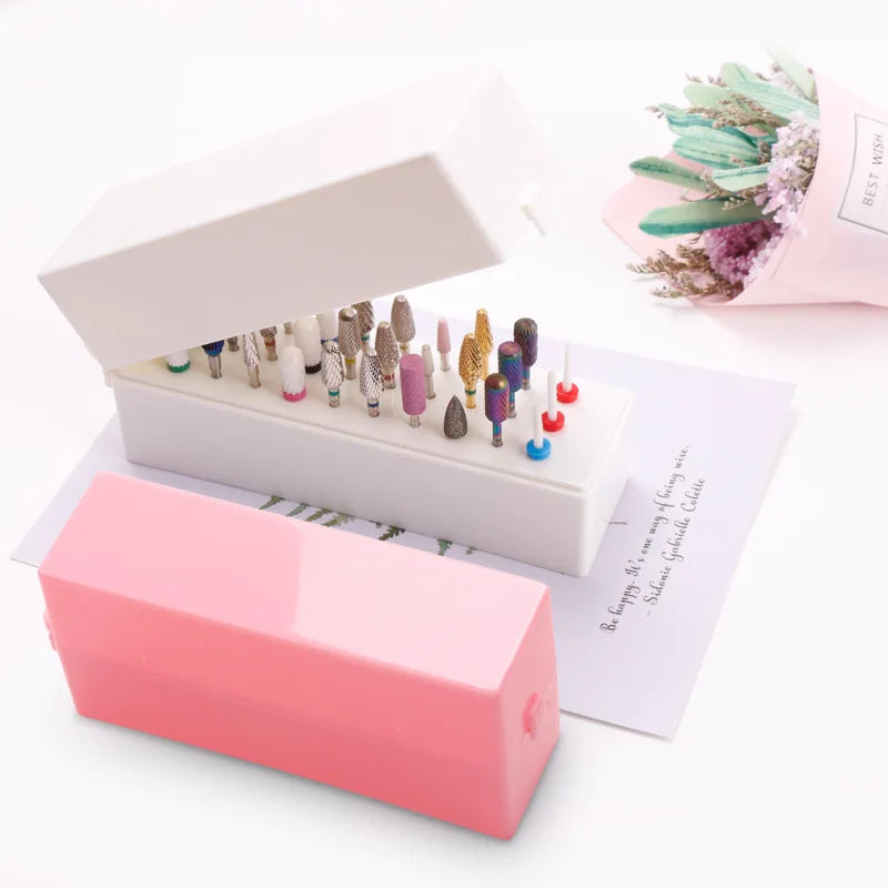 Manicure White Pink Color 30pcs Holes Nail Drill Bit Storage Packing Box Stand Nail Art Tools