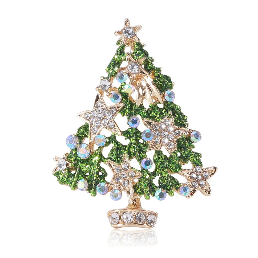 Sparkly Gold Metal Rhinestone Brooch Pin Green Christmas Tree Christmas Jewelry Brooch
