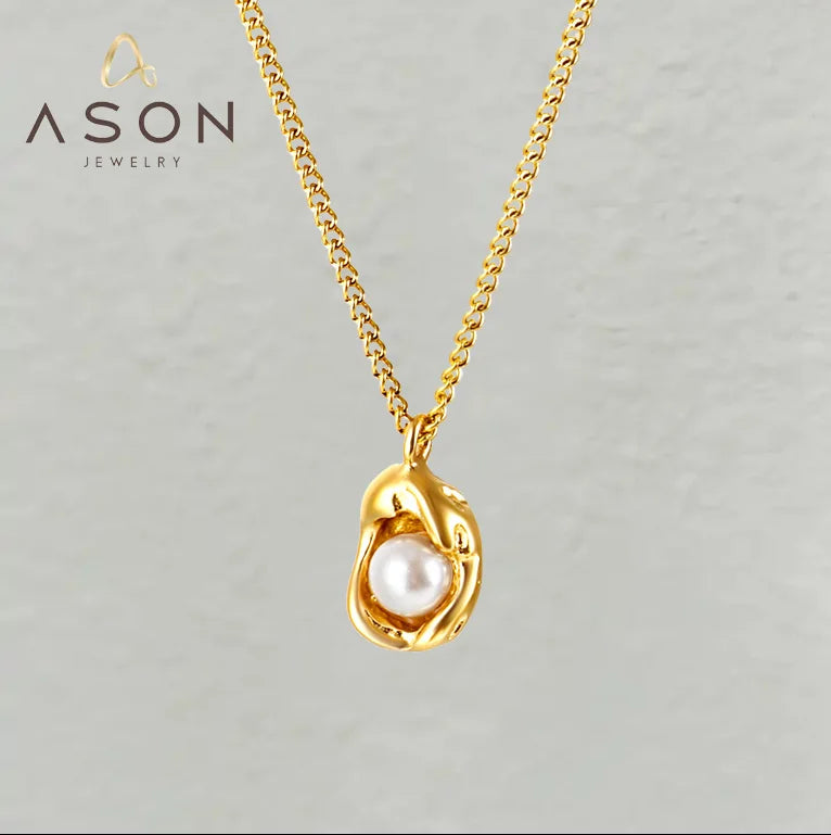 Ason Fashion Jewelry Custom New 18k Pvd Gold Plated Stainless Steel Freshwater Pearl Women Pendant Necklace for Party Daily