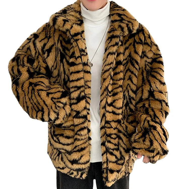 Faux Fur Coat for Men Turn-down Collar Tiger Leopard Imitate Fur Jacket Thick Winter Warm Fluffy Plush Loose Jumper Outwear