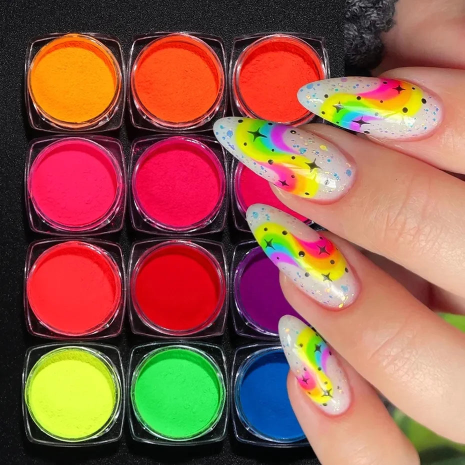 13 Colors Neon Pigment Nail Glitter Fluorescence Powder 1g/bottle Gradient 3D Fine Ombre Neon Pigments Nail Art Decorations