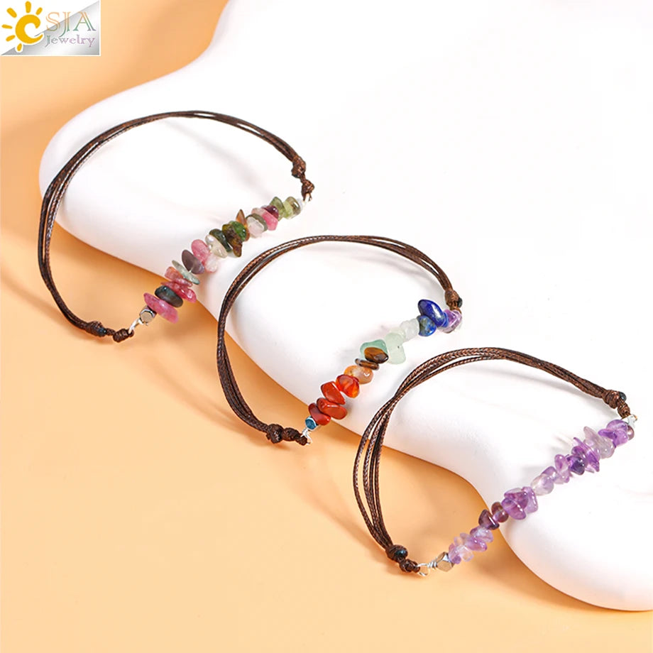 CSJA Handmade Rope Bracelet 7 Chakras Pink Rock Crystal Healing Real Natural Stone Chip Bead Bracelets for Women Teen Girl H370
