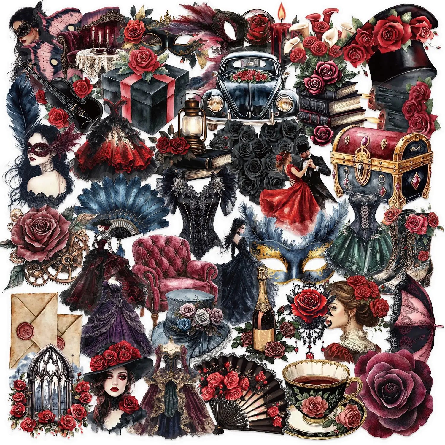 50PCS Transparent dark red medieval elegant masquerade costumes sticker