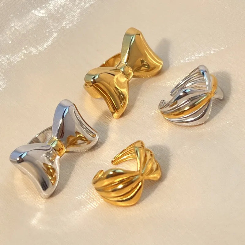 Newest Designer Titanium Stainless Steel Silver Gold Butterfly Bow Ring for Women