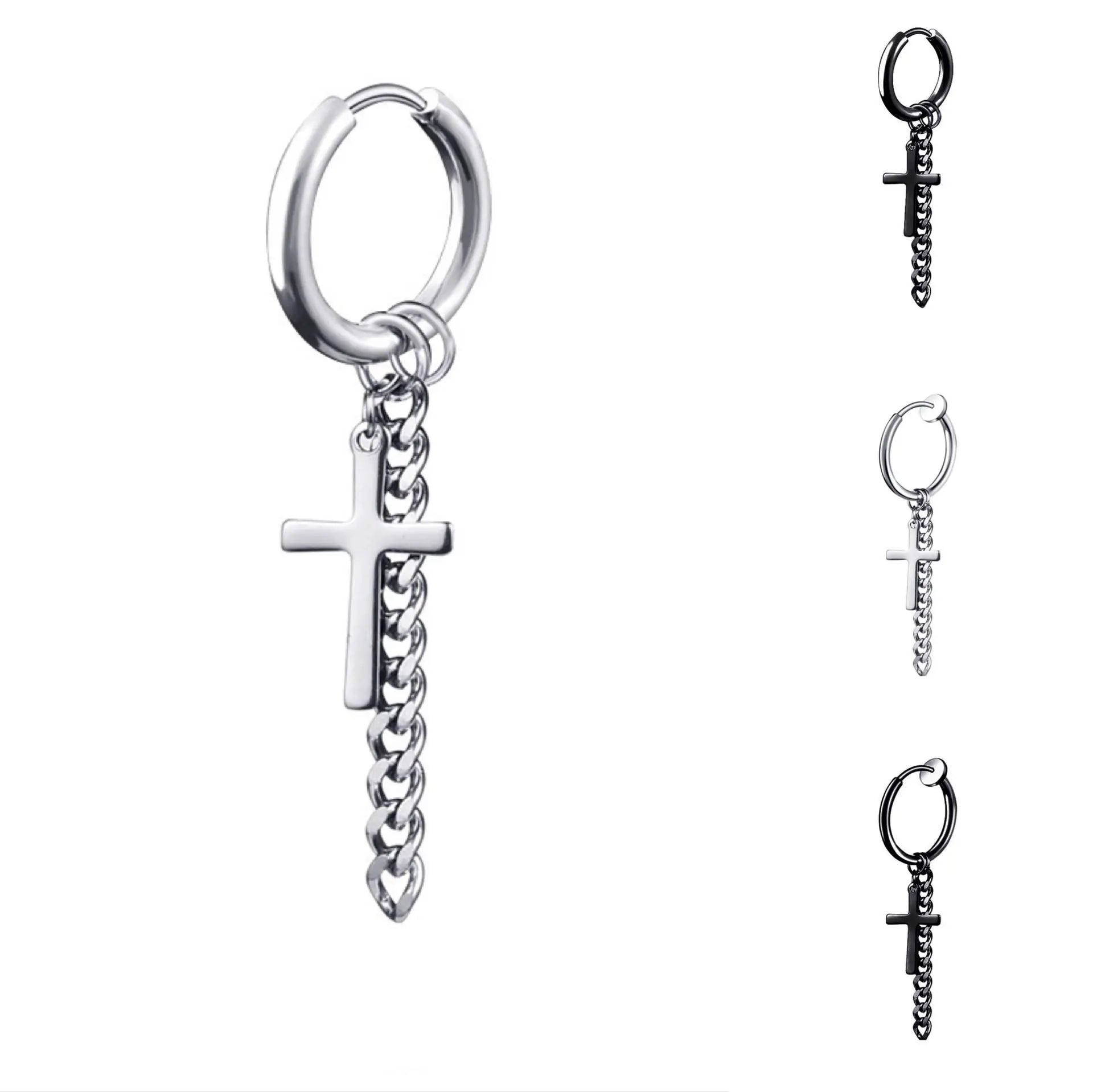 Stainless Steel Cross Earrings for Men  Women 2022  Jewelry Black Silver Long Chain Drop Hoop Earrings