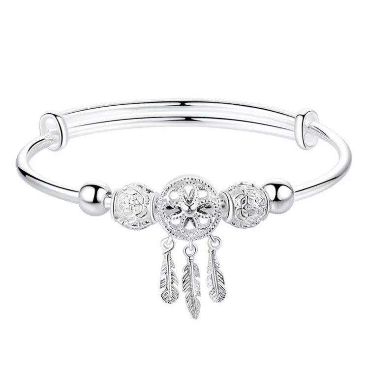 SC Hot Selling Tassel Charm Bracelets Bangles Women Adjustable Silver Round Beads Feather Dreamcatcher Bangles for Girls