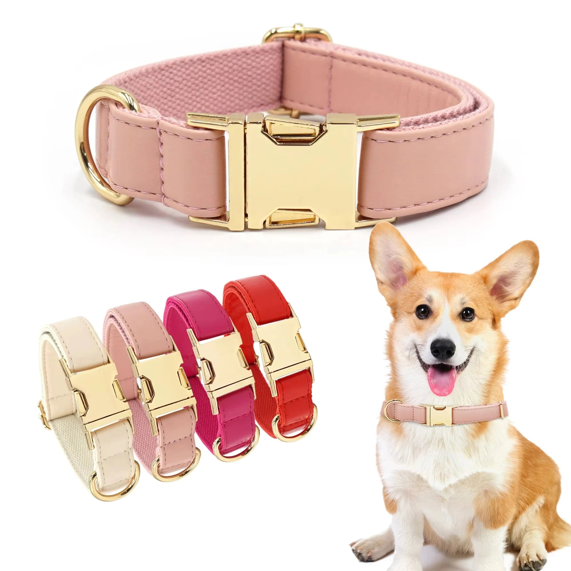 2024 New Luxury Adjustablecustom logo Vegan Leather Pet Dog Collar Durable Waterproof Genuine Leather Cute Dog Collar