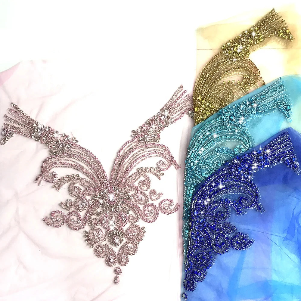 W002 Luxury Gold Color Beaded Bridal Rhinestone Applique Patch Handmade Rhinestone Bodice Applique