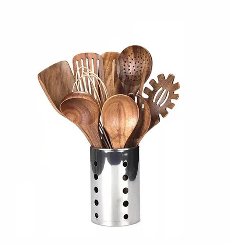 Durable Eco-Friendly Natural Teak Wood Utensil Set with Stainless Steel Holder for Kitchen Tools