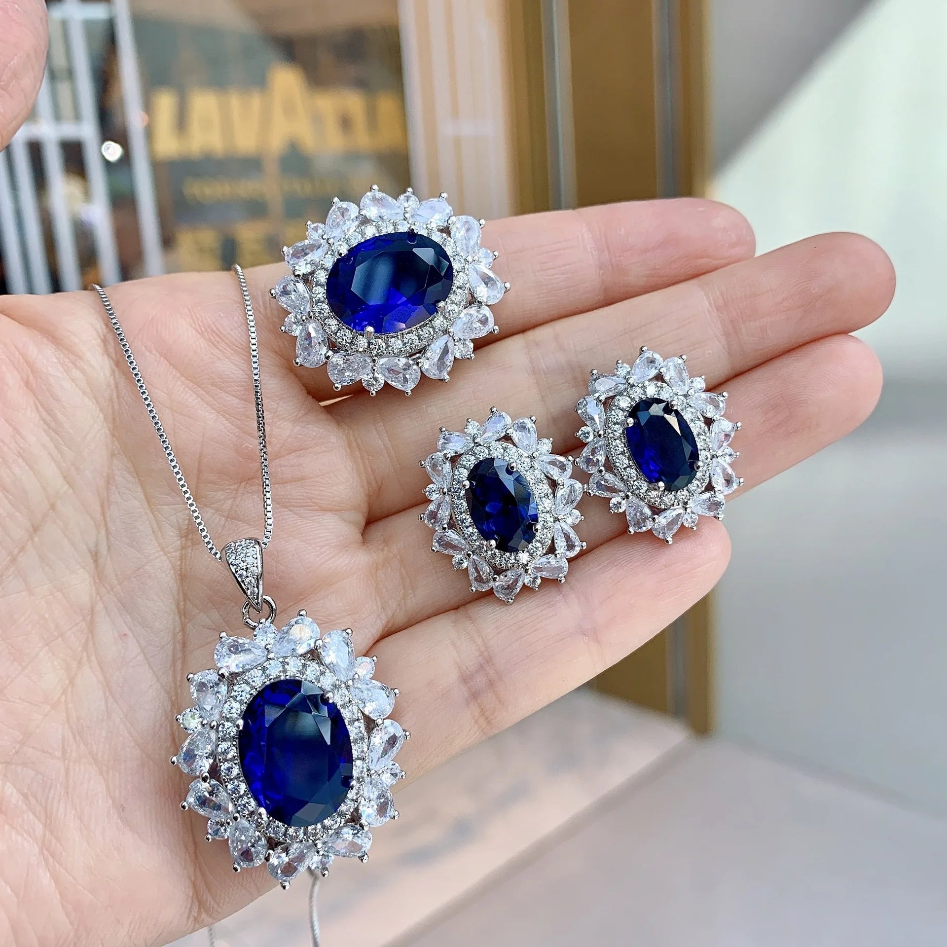 Royal Blue Cubic Zircon Silver Color Jewelry Sets for Women Wedding Earrings Necklace Ring Gift 3PCS Jewelry Set
