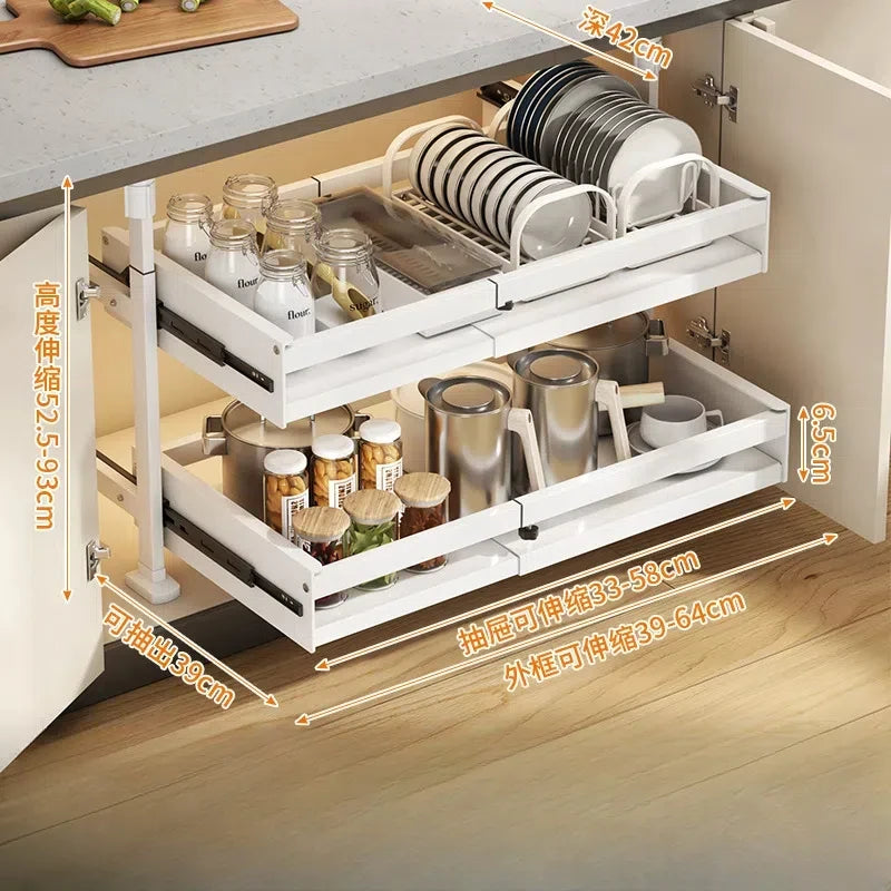 Self-Made Retractable Built-In Drawer Stratified Pull-Out Basket Perforation-Free Kitchen Cupboard Dish Cabinet Organizer