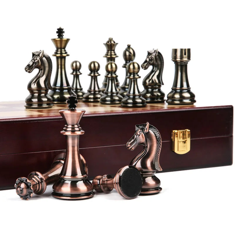 Factory Price 52CM Big Metal Glossy Chess Pieces Solid Wooden Folding Chess Board High Grade Professional Chess Games Set